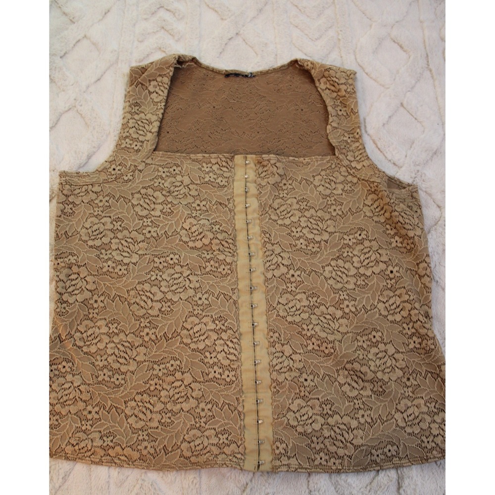 Vintage Tan Floral Lace Hook and Eye Front Sleeveless Corset Style Vest Top